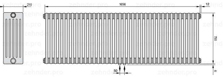 Схема (чертеж) Радиатор Zehnder Charleston 6075/36 №5410 Белый глянцевый RAL 9016
